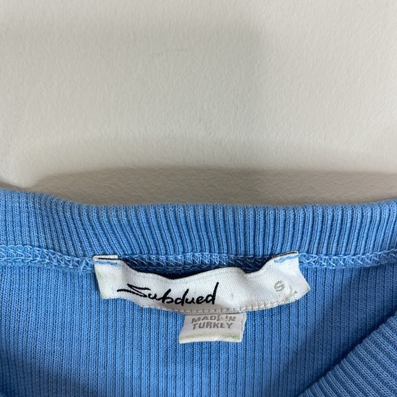 5/$25 Subdued Thin Spaghetti Strap Bandeau Cropped Cami Top Ribbed Blue S/4 - Picture 4 of 10